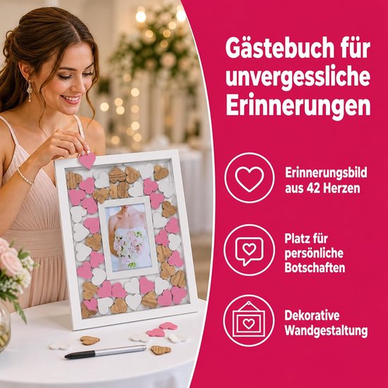 Gastenboek bruiloft in fotolijst met 72 houten harten om te beschrijven - bruiloftsgastenboek, MDF houten lijst wit, 43 x 31 cm (harten bont) — afbeelding 2