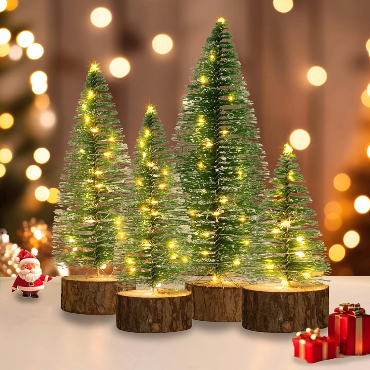 4 stuks kunstkerstboom klein met 2 verlichtingsmodi, mini kunstkerstboom met timer voor kersttafel, etalagedecoratie, cadeaus