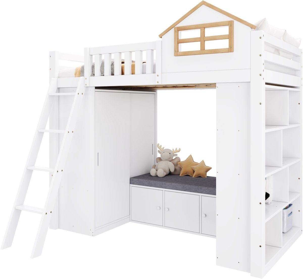 MODENUIT Halfhoogslaper – 90 x 200 cm – Hout en MDF – Wit en Naturel – Met Kast, Rek en Zitbank