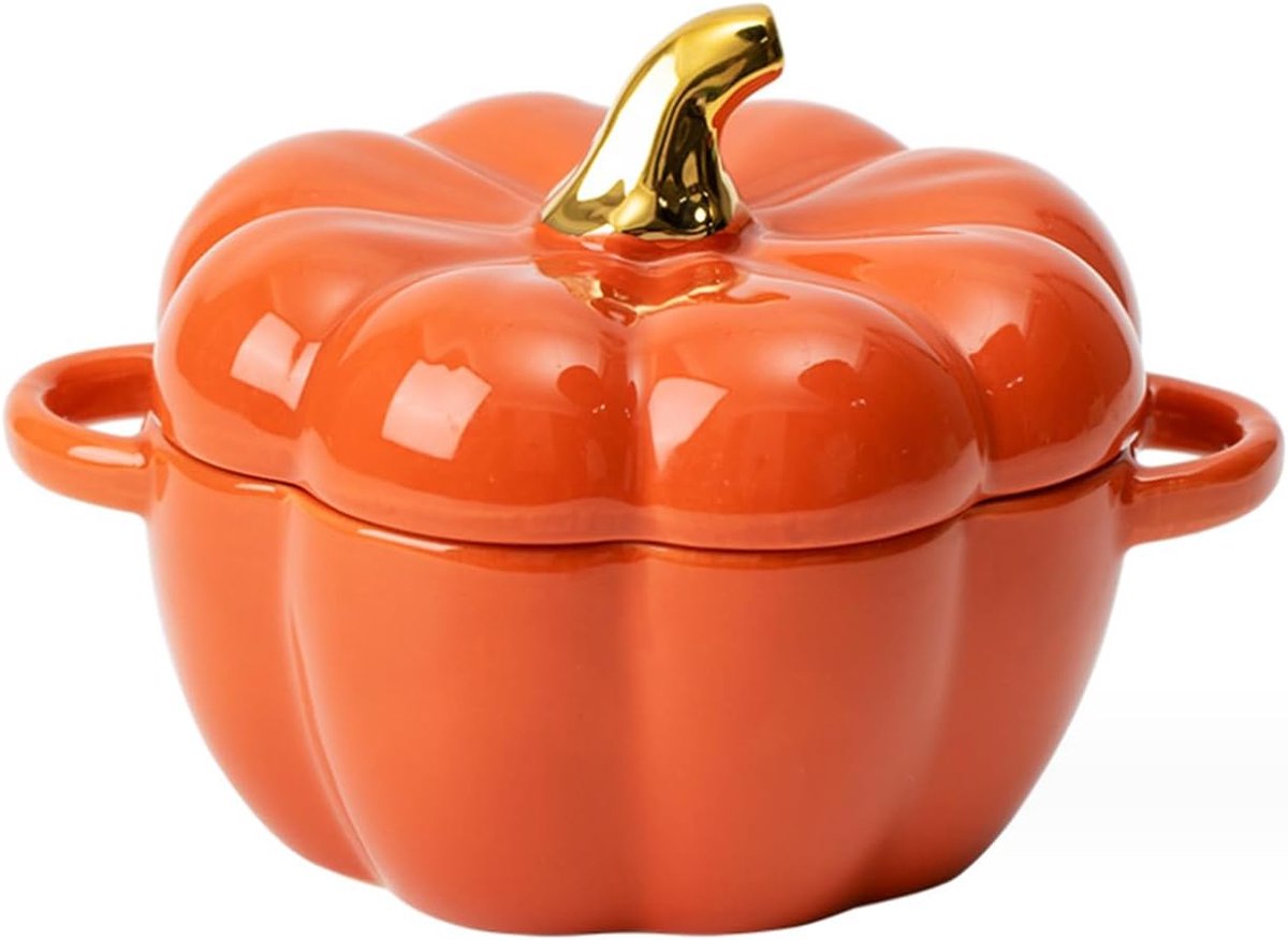 Soepkom met handgreep - Keramisch - 450 ml - Met deksel - Dessertkom - Slakom - Magnetronbestendig - Decoratief Servies voor Thanksgiving, Halloween, Pompoenfeest (Oranje)