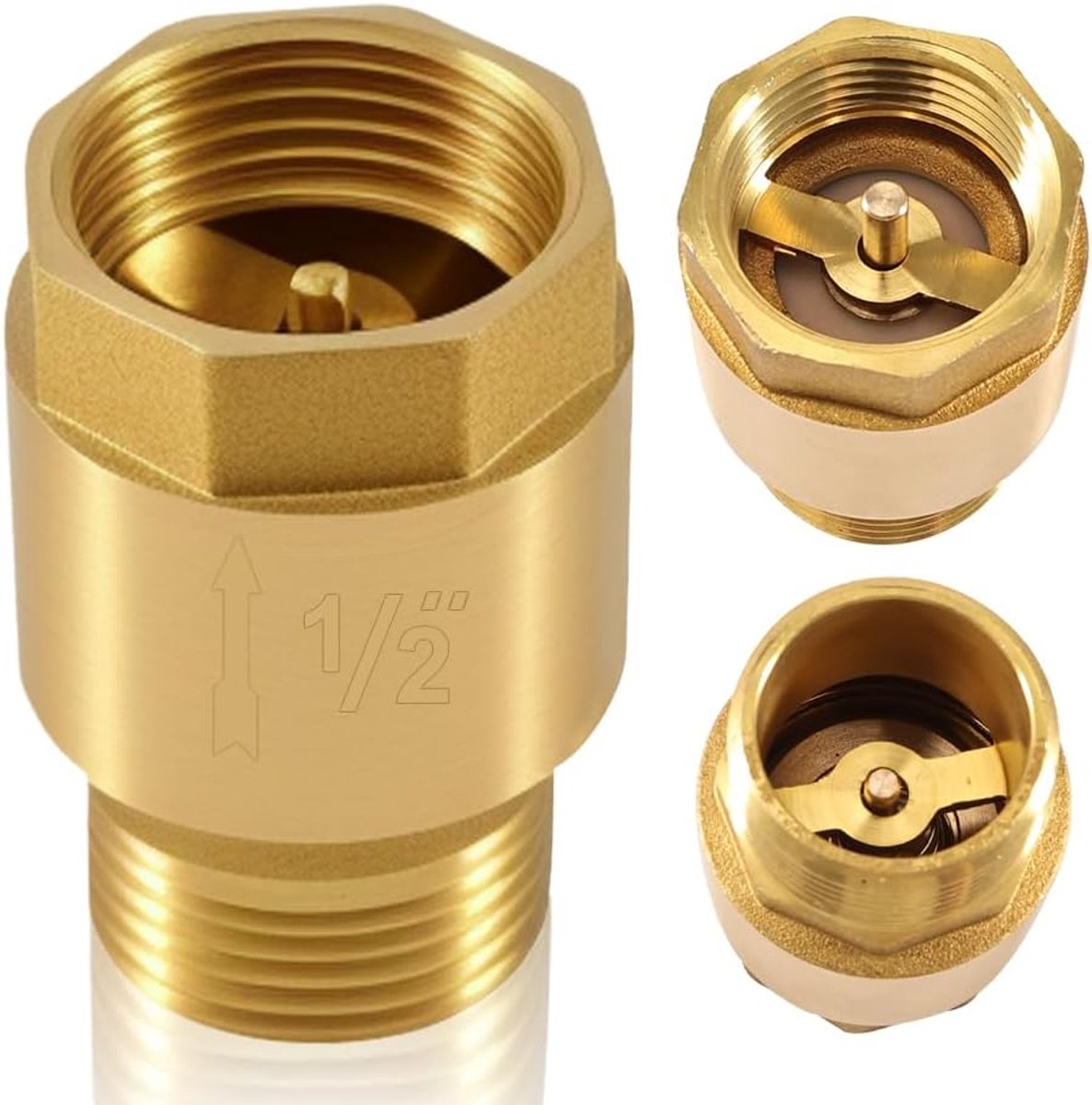 1/2 inch messing terugslagventiel, 1/2" AG x 1/2" IG, DN15 terugslagklep met binnendraad en buitendraad, 1/2 inch verticaal messing terugslagventiel, terugloopventiel voor pomp, tuin