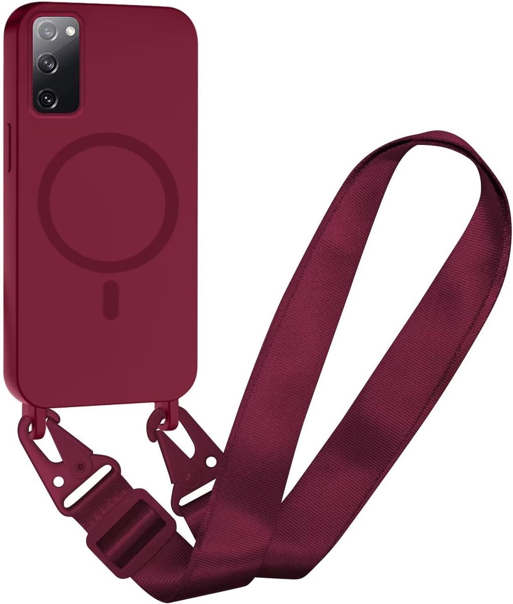 Compatibel met Samsung Galaxy S20 FE 5G Draadloos opladen, Schokbestendige Verwijderbare Telefoon Case met Verstelbare Nekoord Ketting Zachte Cover voor Samsung Galaxy S20 FE 5G, Rood