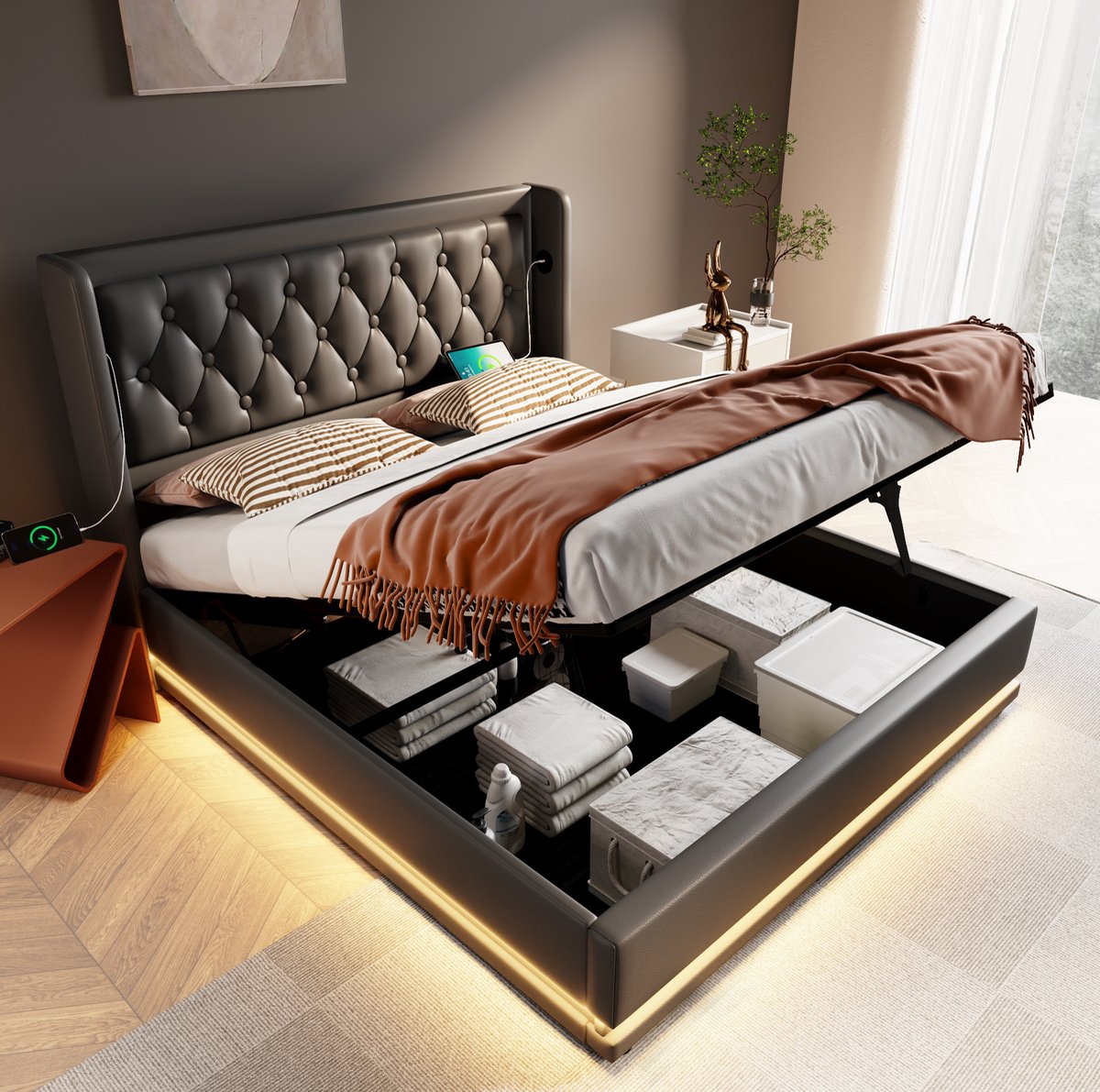MODENUIT Bed – 180 x 200 Cm – Hydraulische Opbergruimte – Kunstleer – Zwart – Ledverlichting Met Oplaadpunten