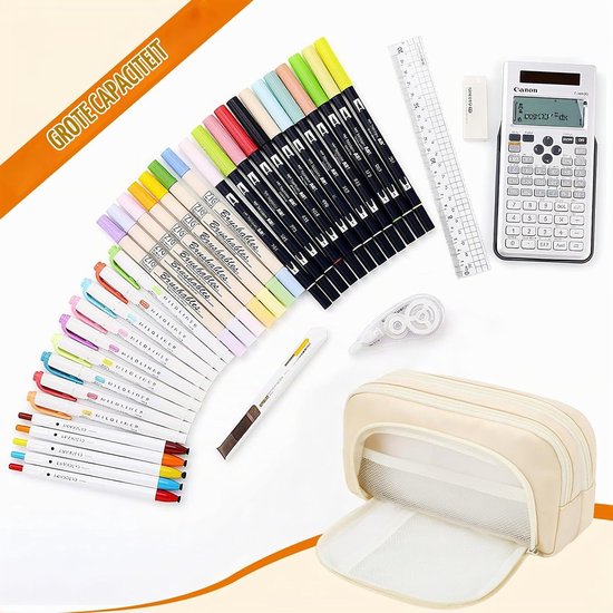 Etui met 3 vakken, groot, met geodriehoek, XXL volume Oxford-stof (21 x 7 cm), voor school, studie, kantoor, professionele organizer met netvak en pennenlussen, jongens, meisjes — afbeelding 3