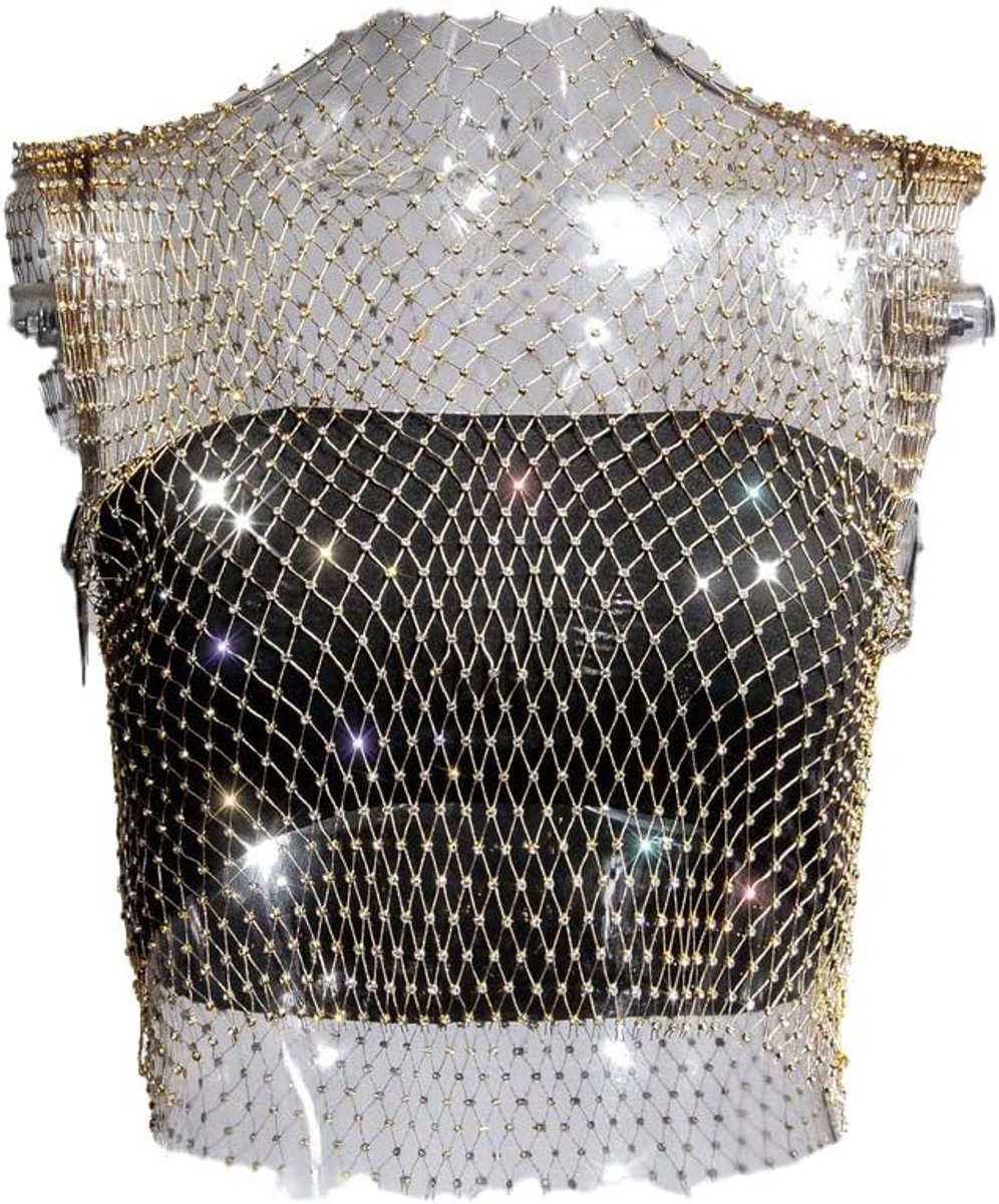 Doorzichtige visnet top mesh kristal top glitter tanktops strasssteentjes visnet tanktop bikini cover up sexy transparant mesh top voor nachtclub
