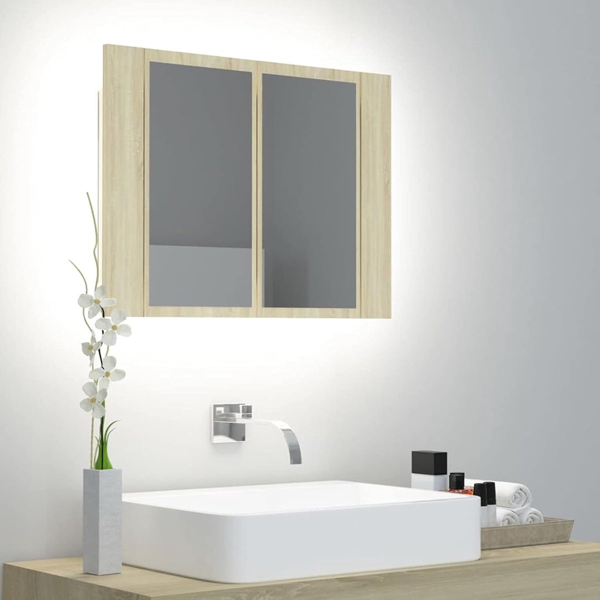 Led-sieradenkistje, grote spiegelkast, hangkast, organizer voor sieraden, functionele badkamerspiegel met ledlicht, Sonoma eiken, 60 x 12 x 45 cm