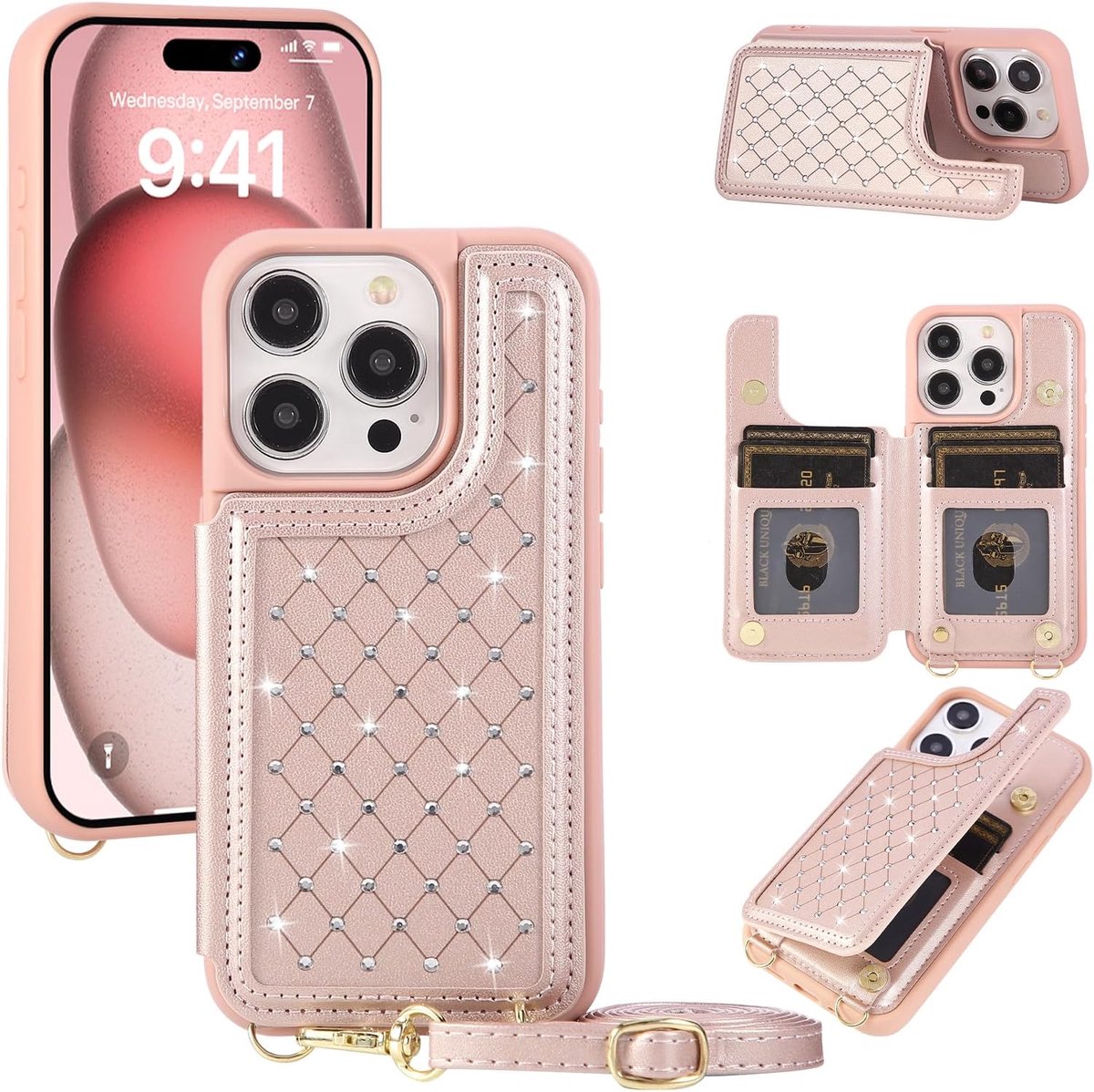 Telefoonhoes voor iPhone 16 Pro, portemonnee, crossbody met draagriem, kaartsleuven, standaard en RFID-bescherming, magnetische flipcover met koord, roségoud diamant