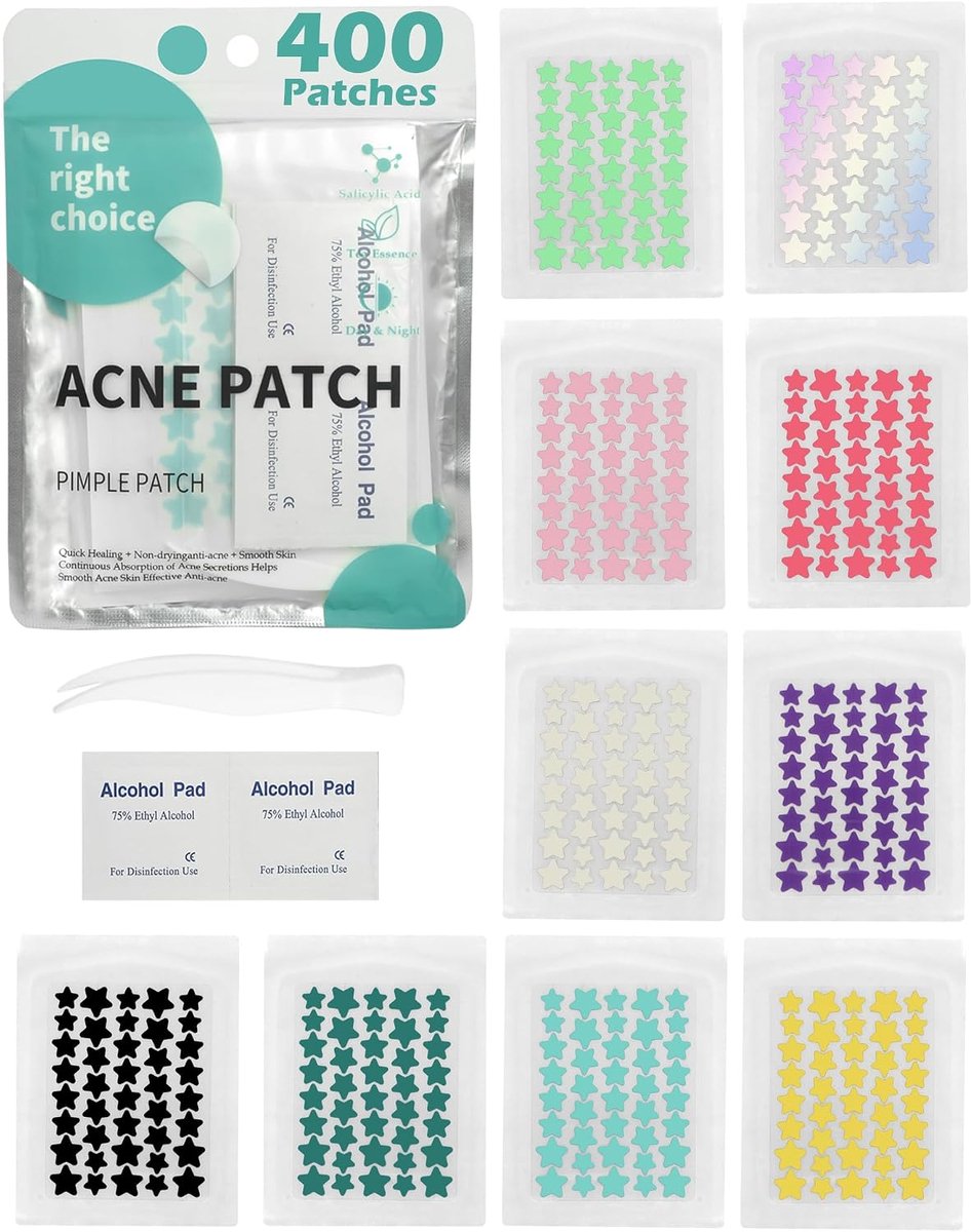 400 Pimple Patches Star, Kleur Anti Pickel Patch, Hydrocolloïde Acne Patch, absorberende Puistjespleisters Acnestickers spotstickers met 10 Alcoholdoekjes en Pincet, voor Gezicht