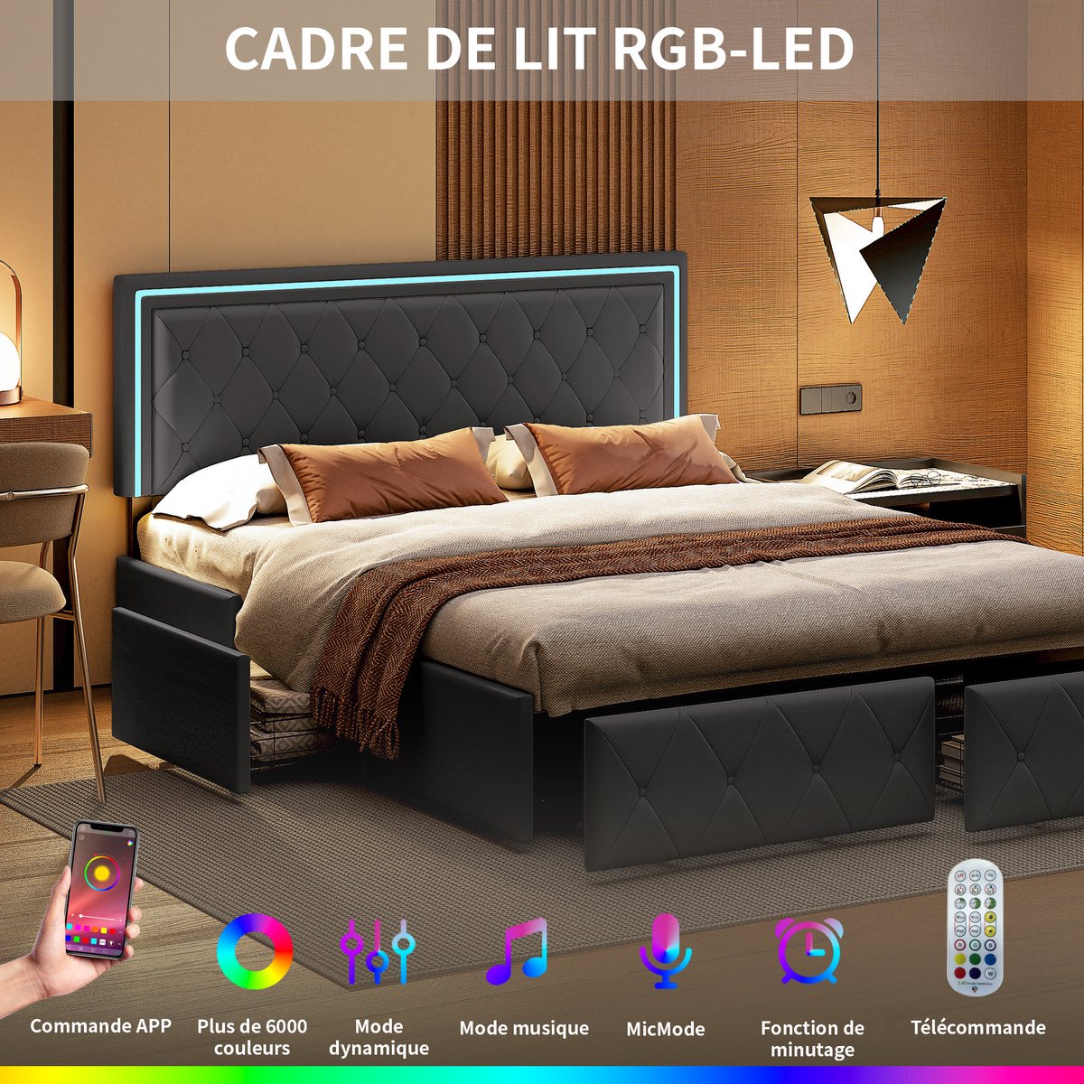 ROSAHQNDA Tweepersoonsbed 140x200 cm - Gestoffeerd Bed met LED Verlichting en 4 Lades - Verstelbaar Hoofdbord - PU - Bed voor Jongeren en Volwassenen - Lattenbodem - Grijs - Zonder Matras