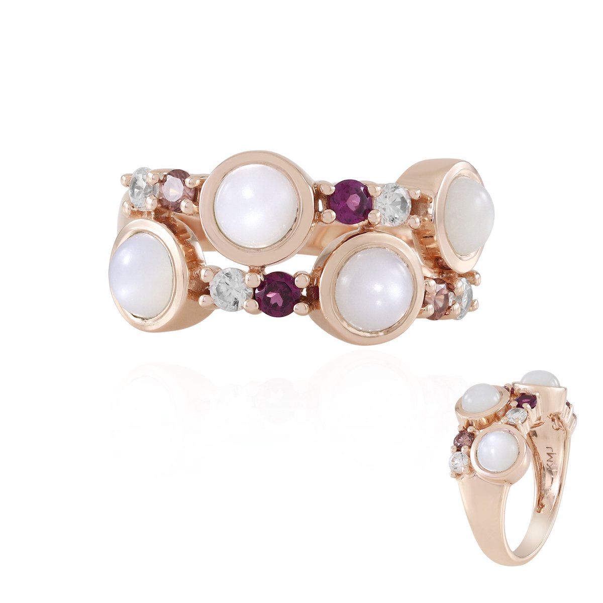 Cavill - 925 Sterling Zilver & Roségoud Verguld - Witte Maansteen 2,16 ct & Rhodoliet Ring 0,36 ct - Ronde Cabochon Elegante Damesring