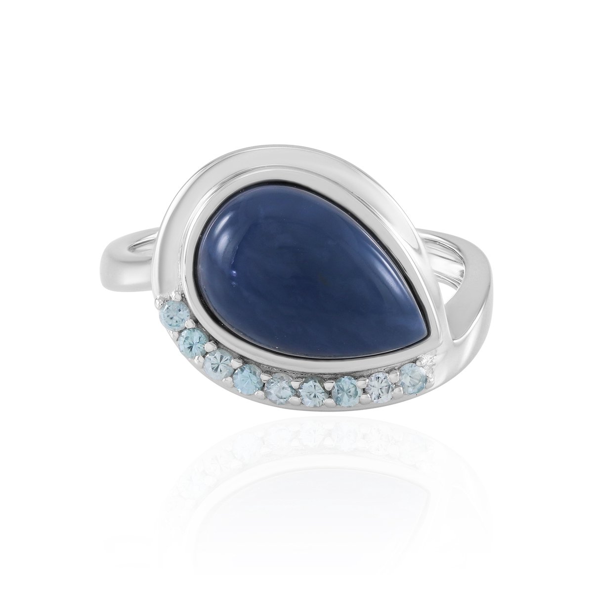 Cavill - Elegante Damesring 925 Sterling Zilver Rhodium - Blauwe Opaal 3,6 ct Peervormige Cabochon - AAA Ratanakiri Zirkonia Accent