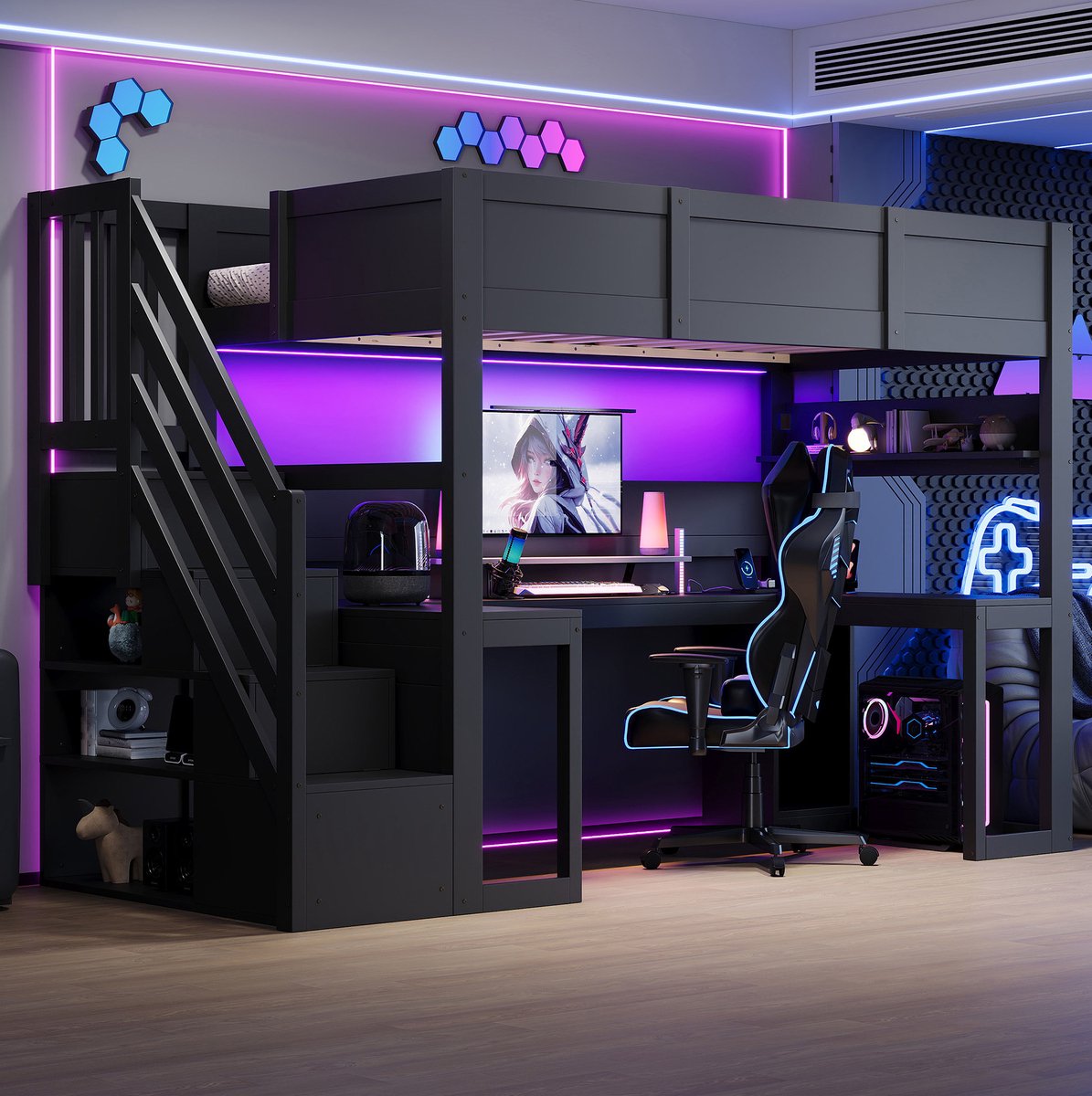 DESMIU Hoogslaper 90 x 200 cm – Bureau Met USB En LED-Verlichting – Trap Met Opbergruimte – MDF En Hout – Zwart – Zonder Matras