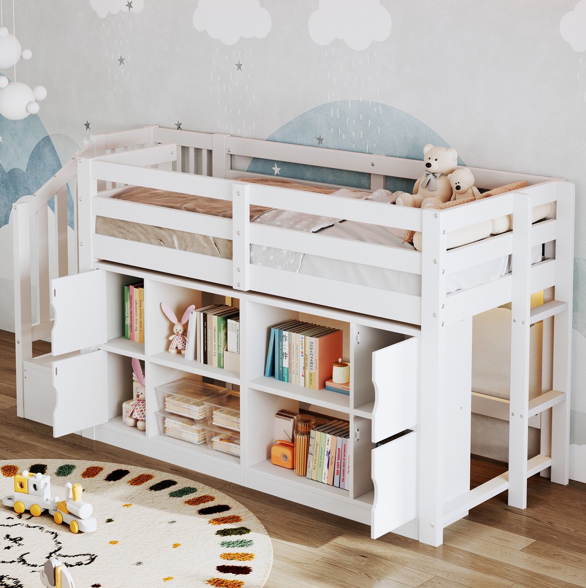 DESMIU Hoogslaper 90x200 cm – Met LED-Verlichting – Trap Met Opbergruimte En Kasten – Kinderkamer – MDF En Hout – Wit – Zonder Matras