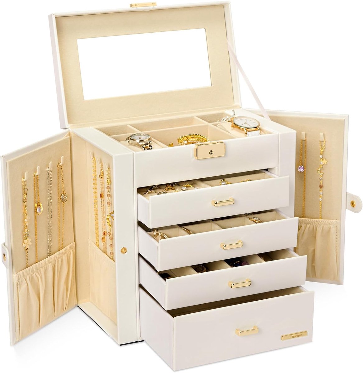 Jewellery case, 5-compartment jewellery box with side flaps (white + gold) - ShopVlot