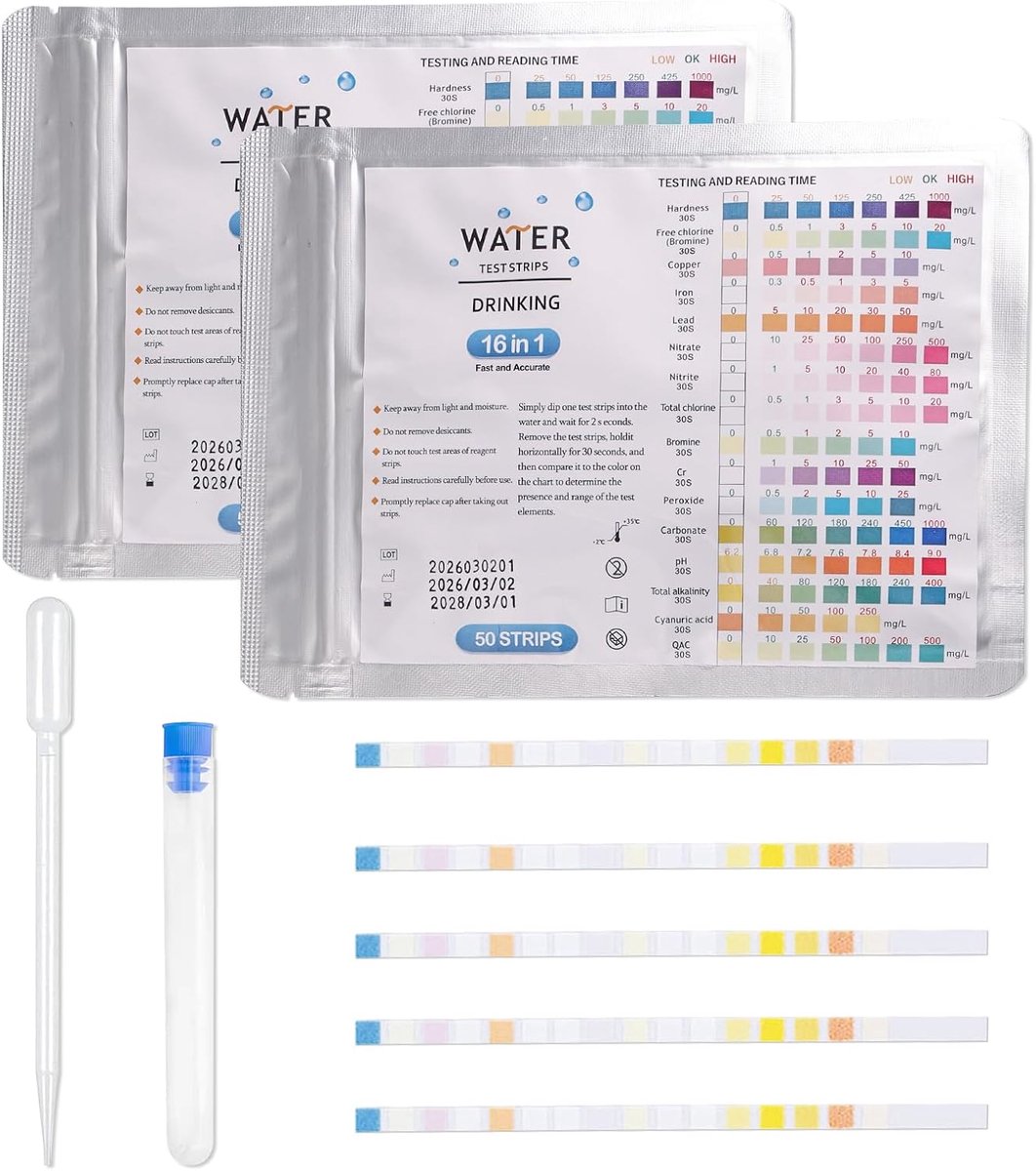 100 stuks 16-in-1 drinkwaterteststrips, waterkwaliteit testkit voor leidingwater, fontein en zwembad, meet de totale - ShopVlot