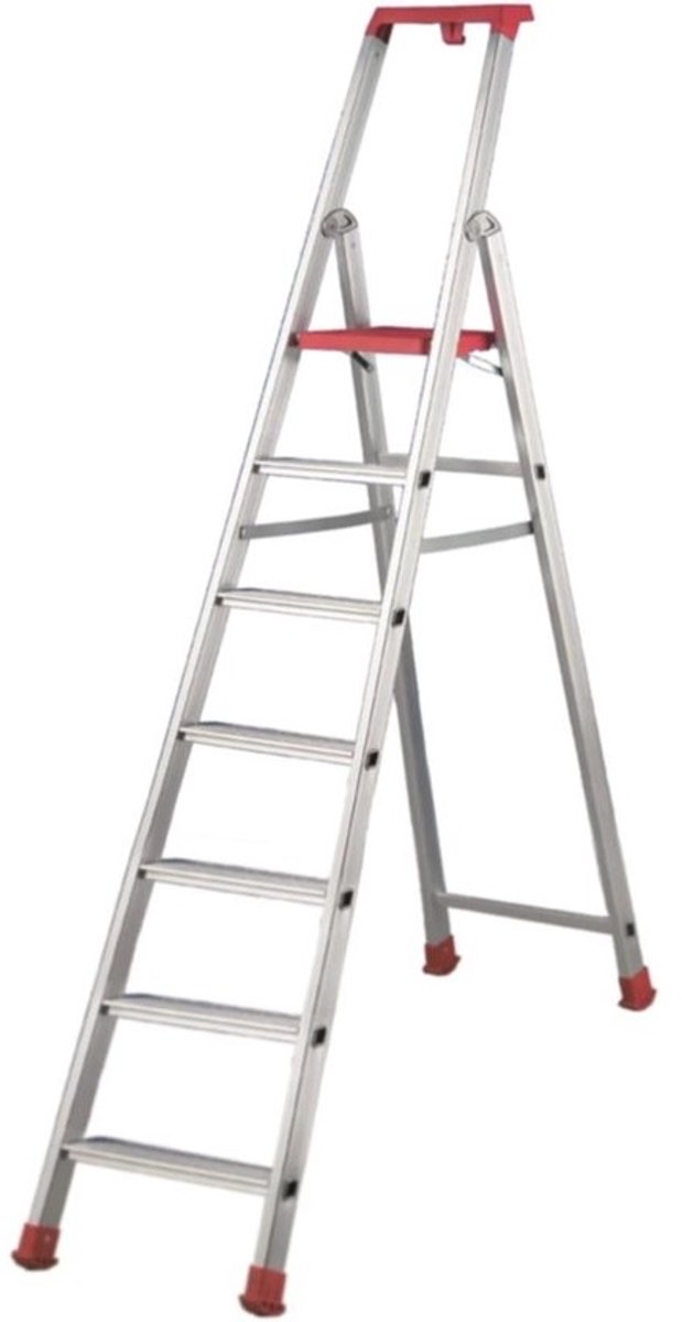 Aluminiumladder - Huishoudtrap - met leuning - Kluswerk - Groot werkplatform - 7 treden - Grijs - rood