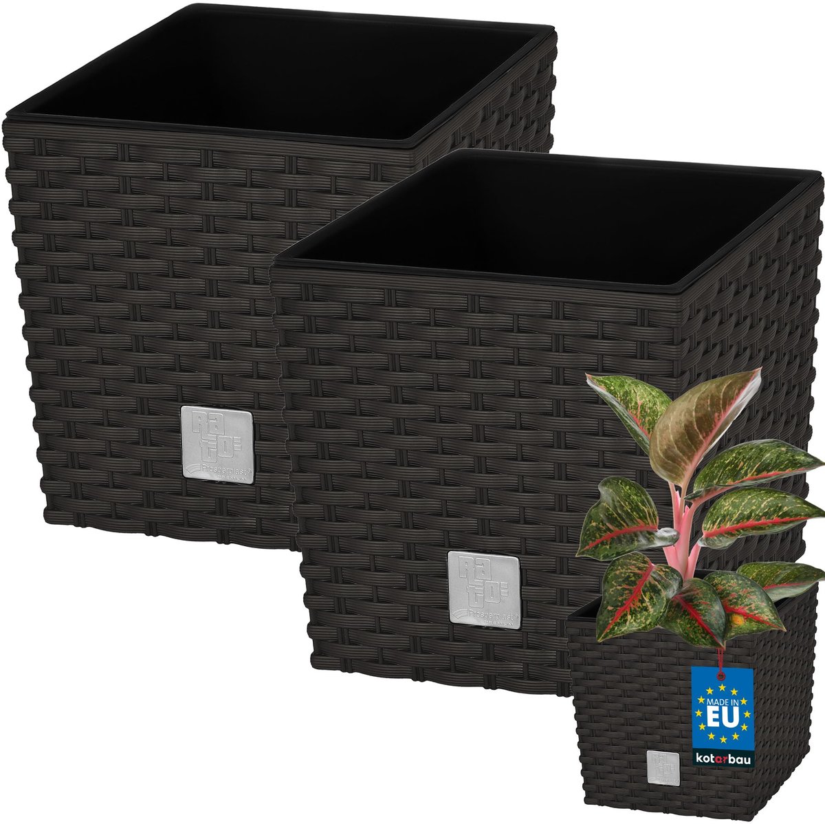 KOTARBAU® Vierkante Bloempot met Inzetpot - Vierkante Plantenbak 20x20 cm 2 Stuks - Plantenpot 6,8 L - Plantenbak - Kunststof - Rotanlook - Umbra