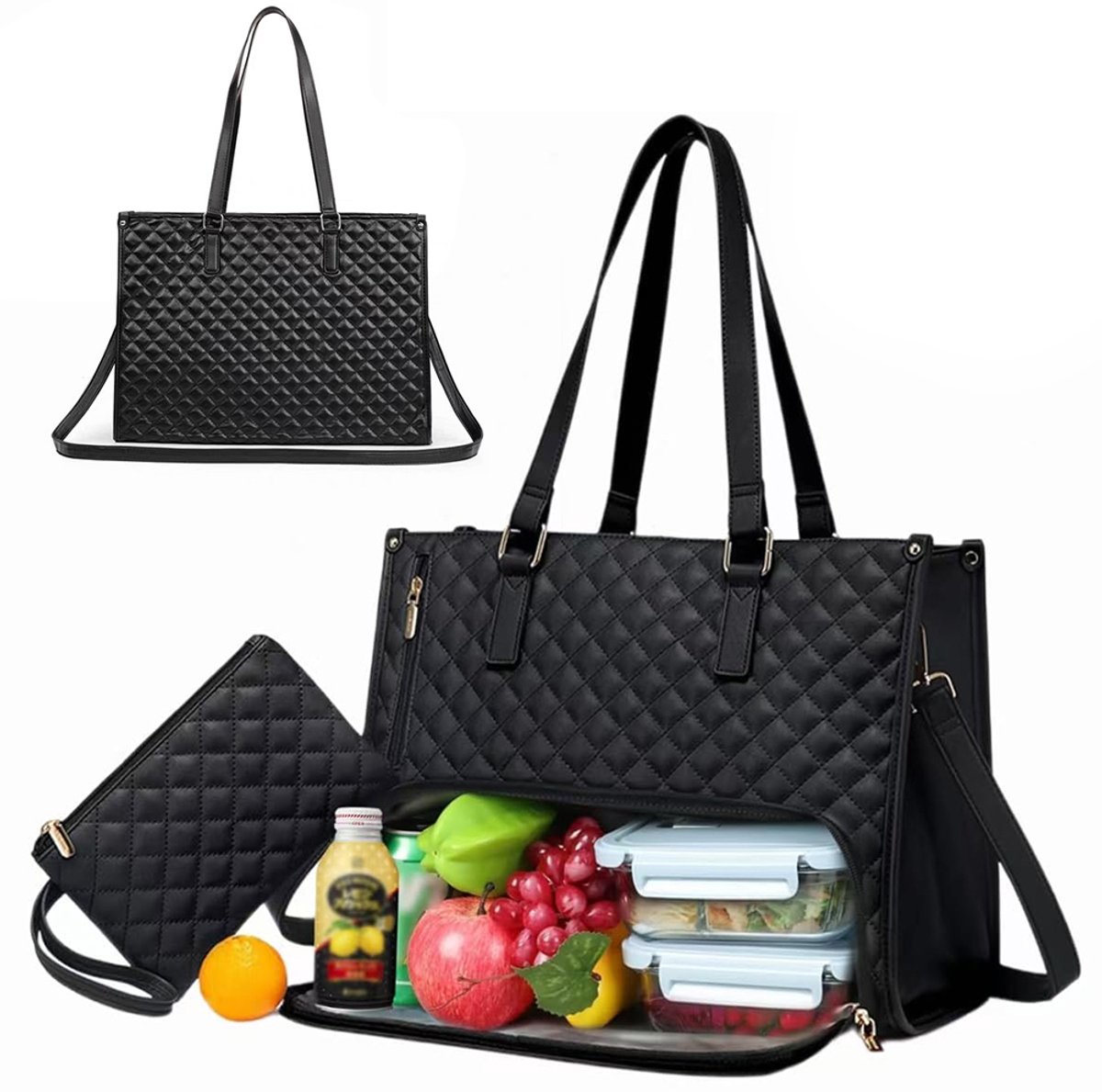 Geïsoleerde lunchtas - Dameshandtas - Schoudertas voor moeders - Laptoptas - Ruime draagtas - Met laptopvak - Ideaal voor werk en uitstapjes - Zwart