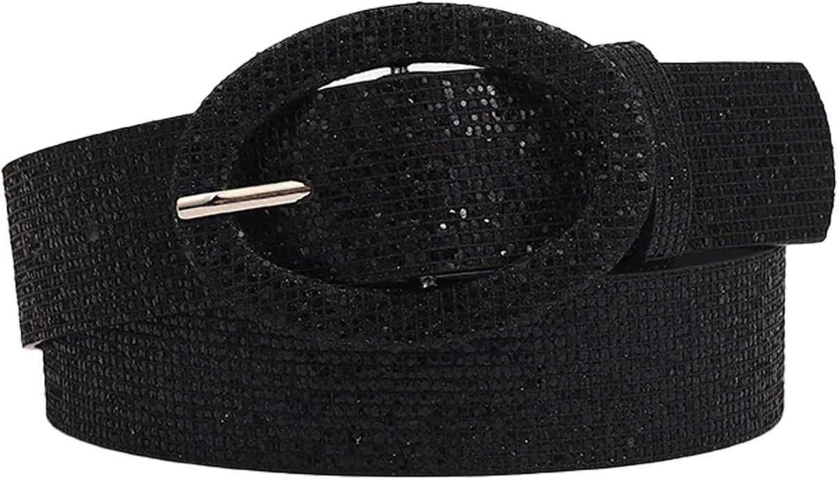 Fashion Elastic Belt for Women, PU Stretch Ladies Belt Rhinestone Crystal Shiny Belt Adjustable Round Buckle Waist - ShopVlot