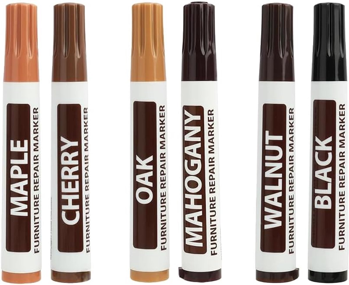 6 stuks meubelreparatie houtmarkers, houtreparatiestift voor krassen en vlekken, houtplamuur en houtplamuur alternatief, pennen voor hout, laminaat reparatieset, parket en houtvuller