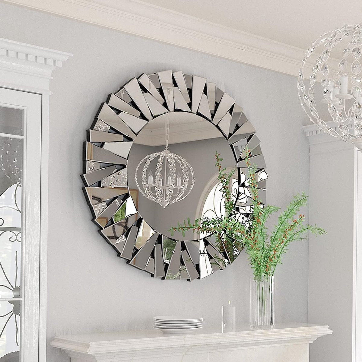 Decoratieve wandspiegel, 80 x 80 cm, HD zilver glas, zondesign, spiegel met metalen haken, badkamerspiegel voor badkamer, woonkamer, slaapkamer