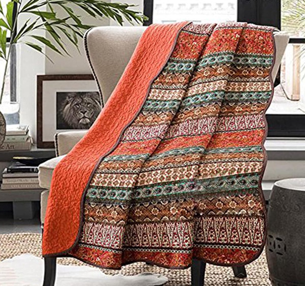 Boho Quilt Volledige Queen Size 100% Katoen Gewatteerde Deken Kleurrijke Boheemse Gestreepte Sprei Coverlet Omkeerbare Lichtgewicht Stitch Vintage Bed Cover Gooi Deken voor Bank Bank Oranje