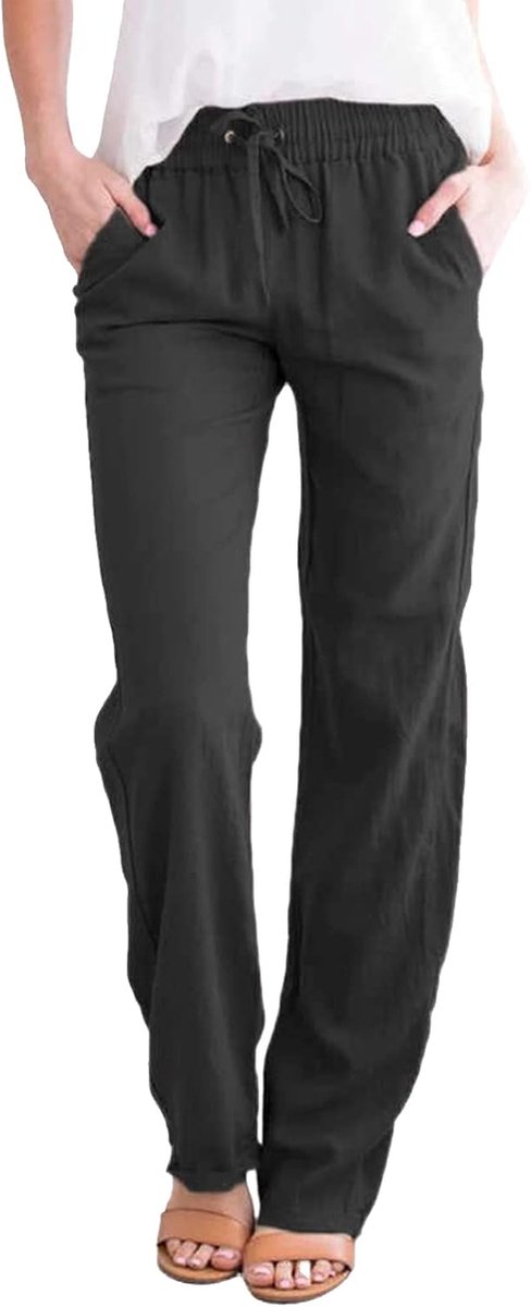 Damesbroek, casual katoenen linnen broek, zomerbroek met trekkoord en elastische taille met zakken, lichtgewicht, comfortabele, rechte broek