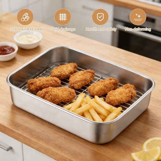 Ovenschaal voor airfyer, 20 x 15 x 5 cm, vierkante ovenschaal met druiprooster en hittebestendige handgrepen, heteluchtfriteuse-accessoires voor Ninja, Cosori, Philips — afbeelding 2
