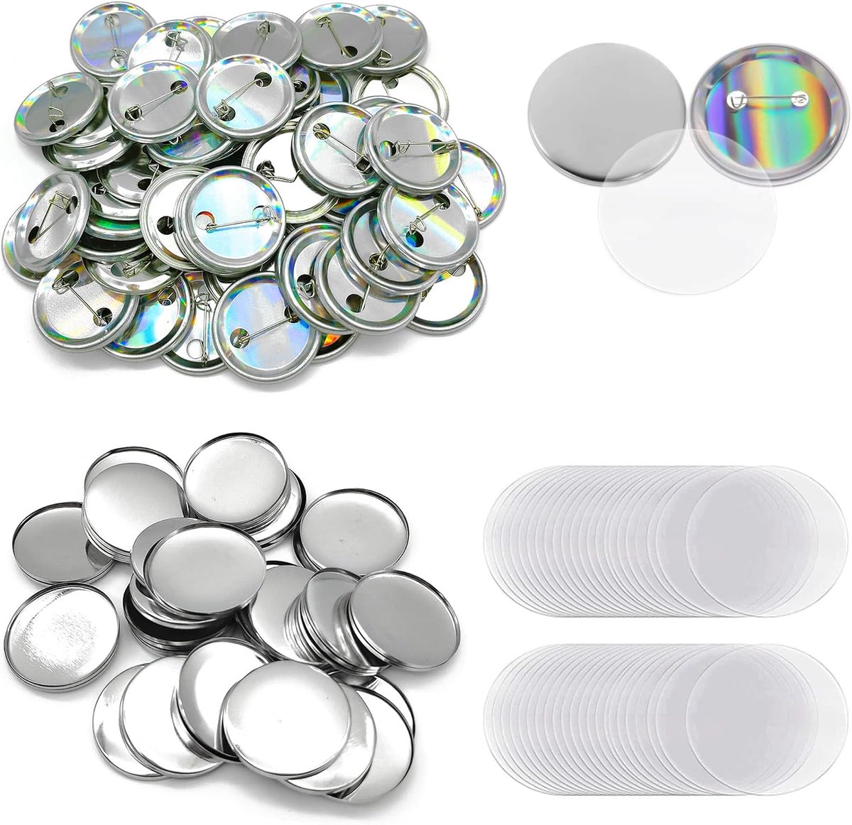 50 sets ronde spelden, laserknop, wit, onderdelen, buttonblokken, set, revers, embleem, knopen, productie, badge met transparante folie, knutselaccessoires (37 mm)