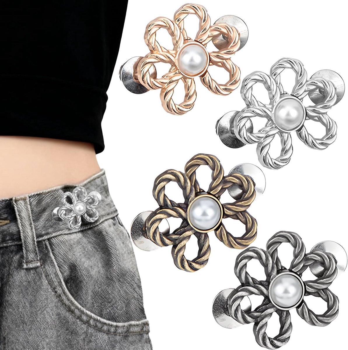 4 Paar verstelbare tailleclips, broekclips voor taille-aanpassing, geen naaien nodig, bloemen taille-versteller, kledingaccessoires voor losse jeans, rokken, mouwen (Bloem)