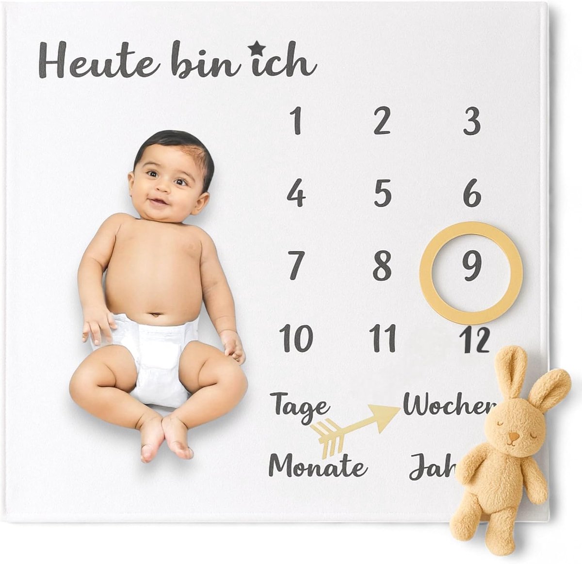 Mijlpaaldeken, maanddeken, fotodeken voor baby, Milestone, fotografie-rekwisieten, achtergronddoek, Duits, 100 x 100 cm (wit/zwart letter)