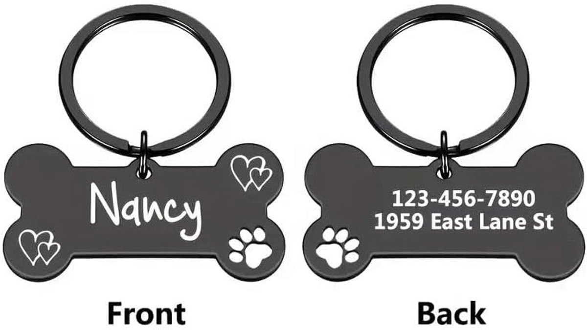 Hondenlabels van bot voor huisdieren, gegraveerde honden- en kattennaamlabel, identificatielabel voor huisdier hond kitten kat puppy, krasbestendig ID-label (zwart)
