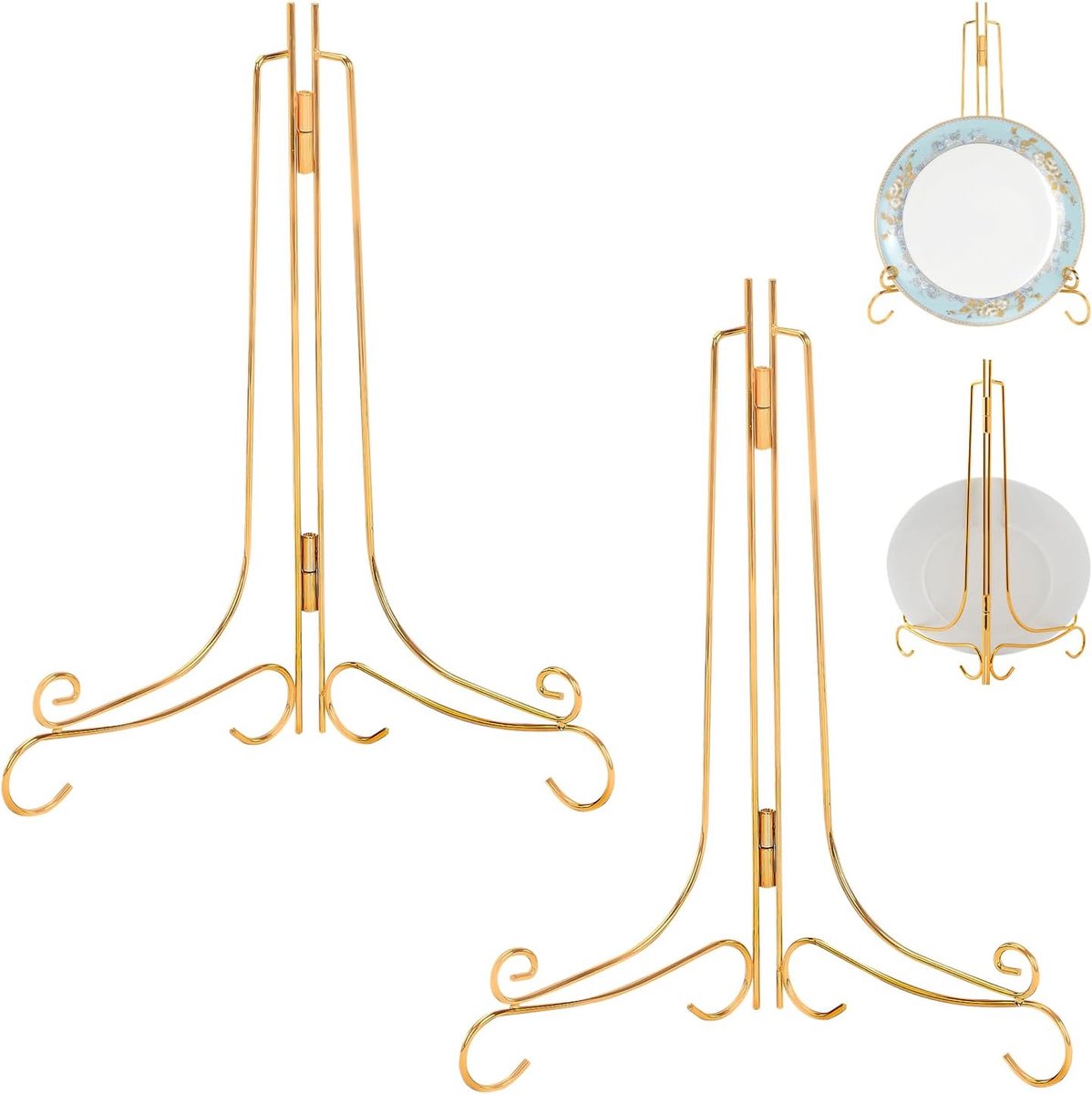 4 stuks ijzeren bordenstandaard, 30,5 cm opvouwbare bordenhouders, ezel display, standaard, metalen plaathouder, fotostandaard voor decoratieve borden, afbeeldingen, CD tabletop, kunst, goud