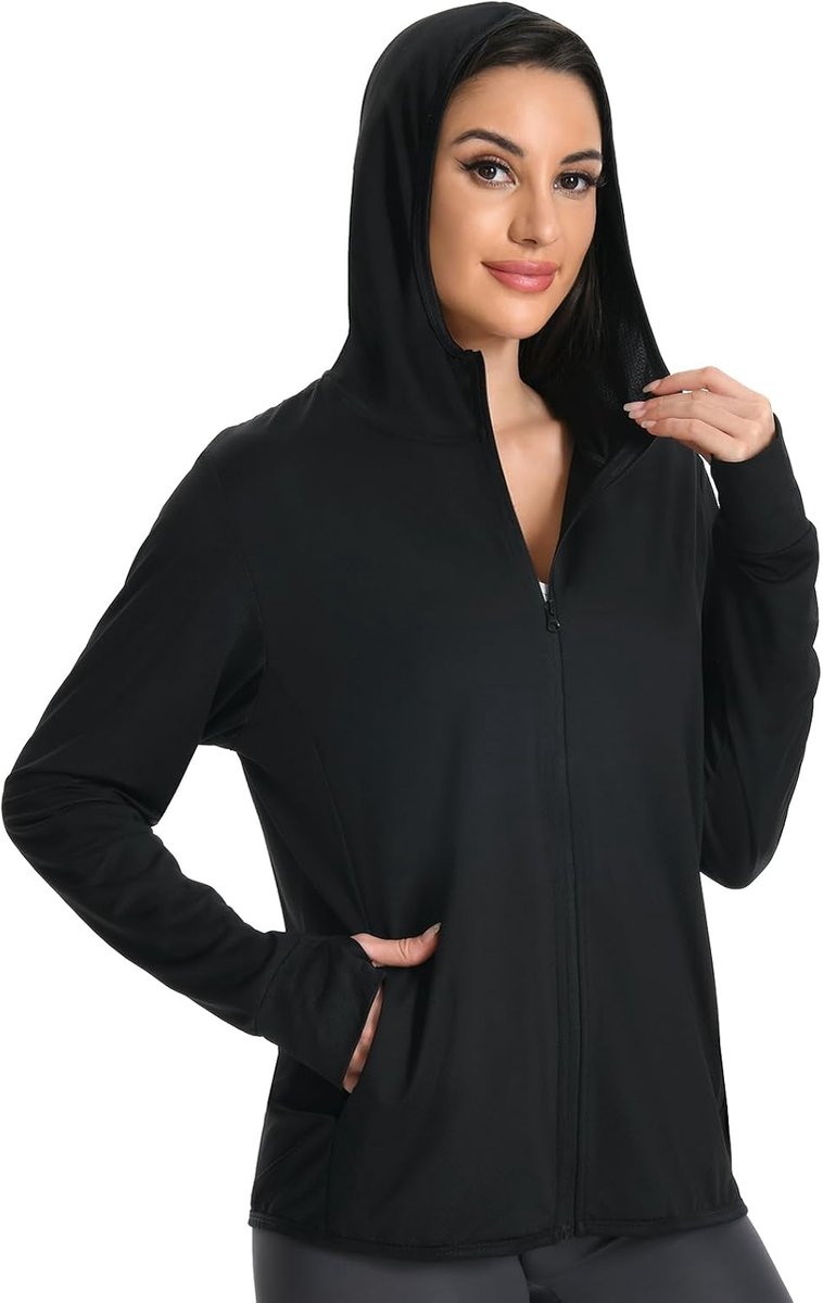 Uv-beschermingsjack voor dames, UPF 50+, met ritssluiting, lichtgewicht zonneshirt met lange mouwen en zak voor hardlopen, wandelen