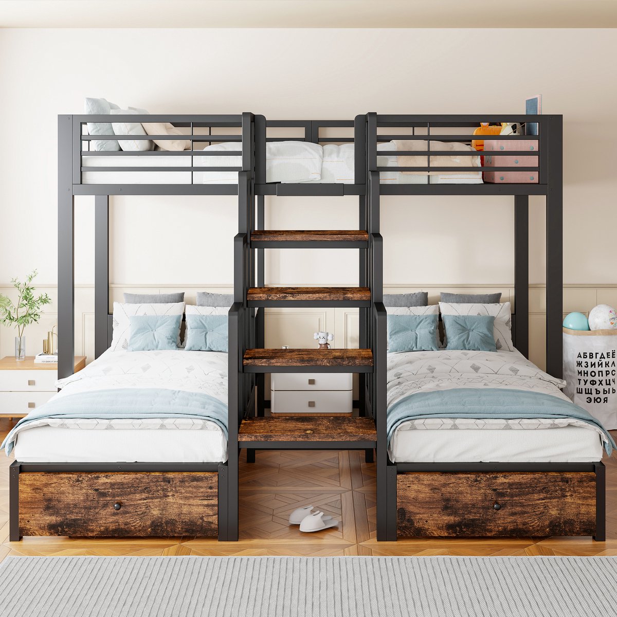 VVBV Stapelbed 90x200 – Metalen Stapelbed met Opbergruimte, Lades, Ladder en Trap – Zonder Matras – Modern Design – Metalen Frame – Voor Slaapkamer – Zwart