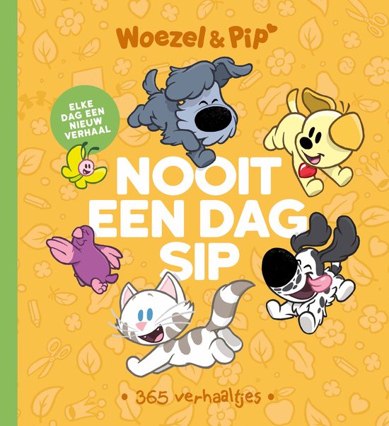 Livre avec Woezel et Pip, entouré d'illustrations joyeuses d'animaux et de fleurs. Titre : Jamais un jour morne.