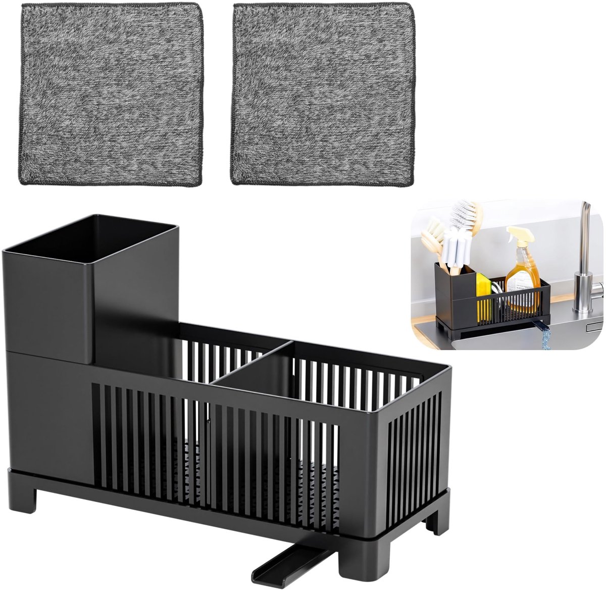 Spoelbakorganizer, 3 stuks, sponshouder, gootsteen met afwasdoek - ShopVlot