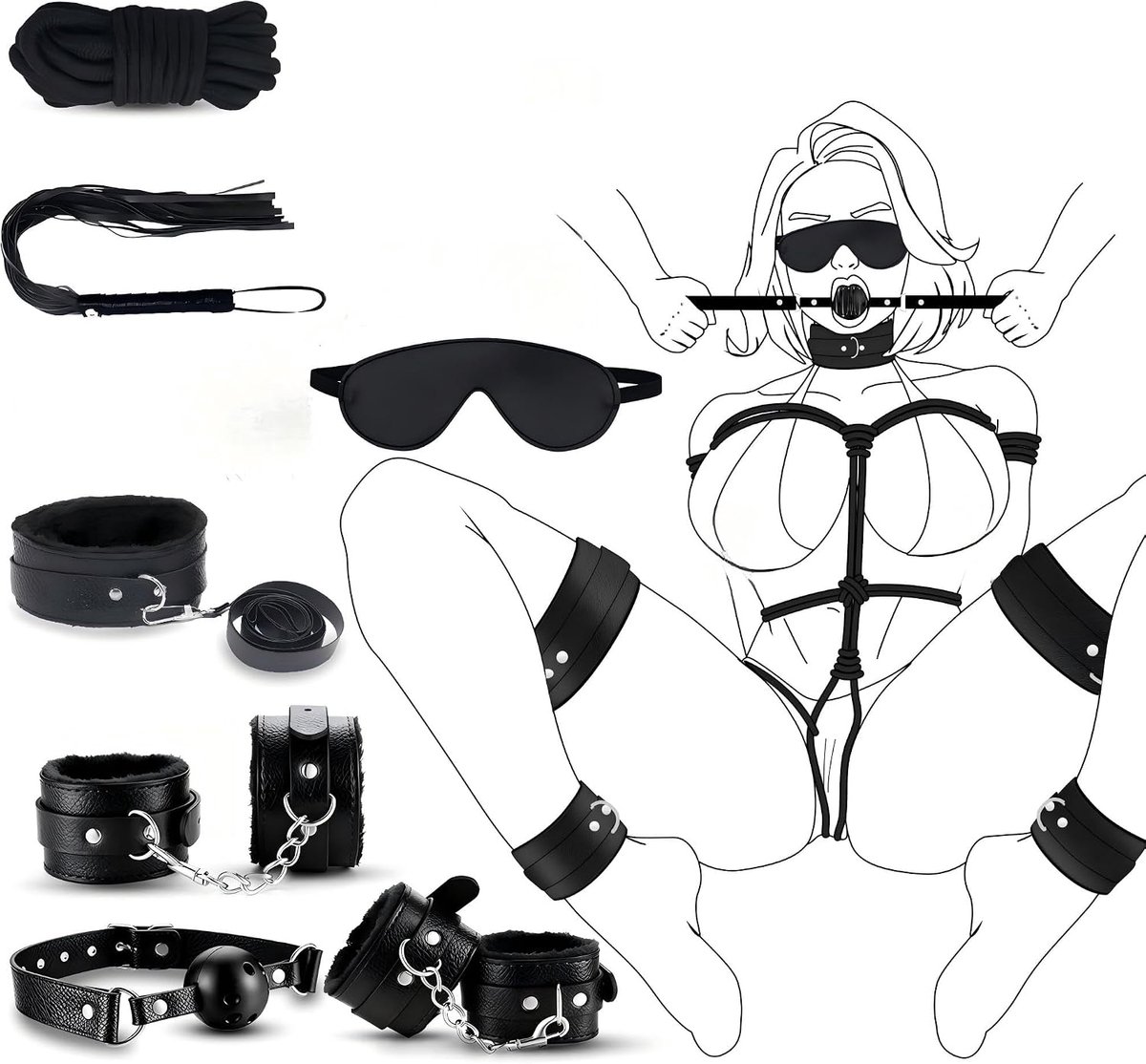 Bondage BDSM Kit Boeien, 7-delige bondage boeien set Fetisj bed boeien kits Handboeien Flogger Touw Kraag Oogband SM Spelletjes voor volwassenen voor vrouwen, mannen en koppels Seksspeeltjes