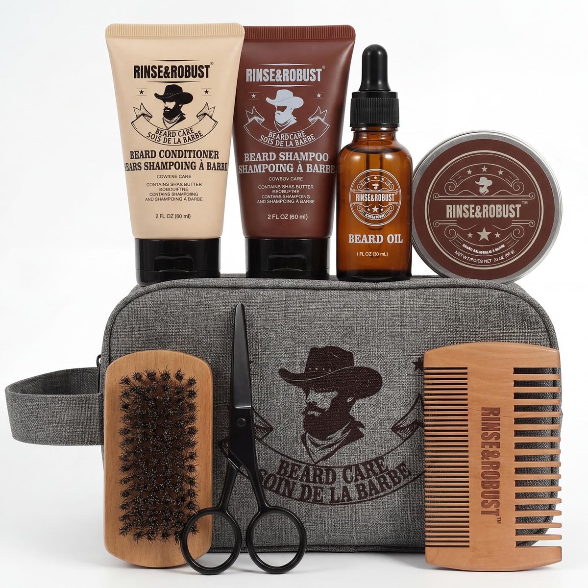 SnelShoppen - 8-delige Baardverzorgingsset met Eucalyptus-geur, Baardborstel, Baardkam, Baardschaar, Baardshampoo en Reistas voor Perfecte Baardverzor