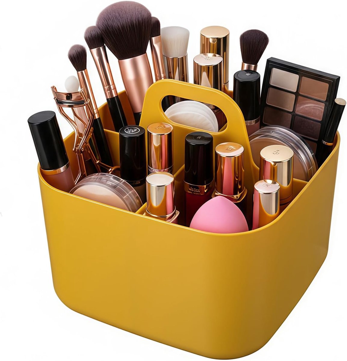 SnelShoppen - Stapelbare Opbergmand met Handvat, 4 Compartimenten Organiser Keuken Badkamer Make-up Kantoor, Geel, 16.5 cm