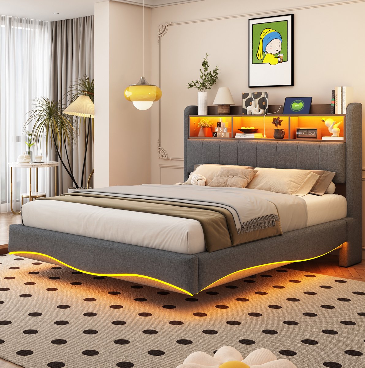 WUVRIE Gestoffeerd bed 140x200 cm met LED, USB, Type-C en opbergruimte in grijs