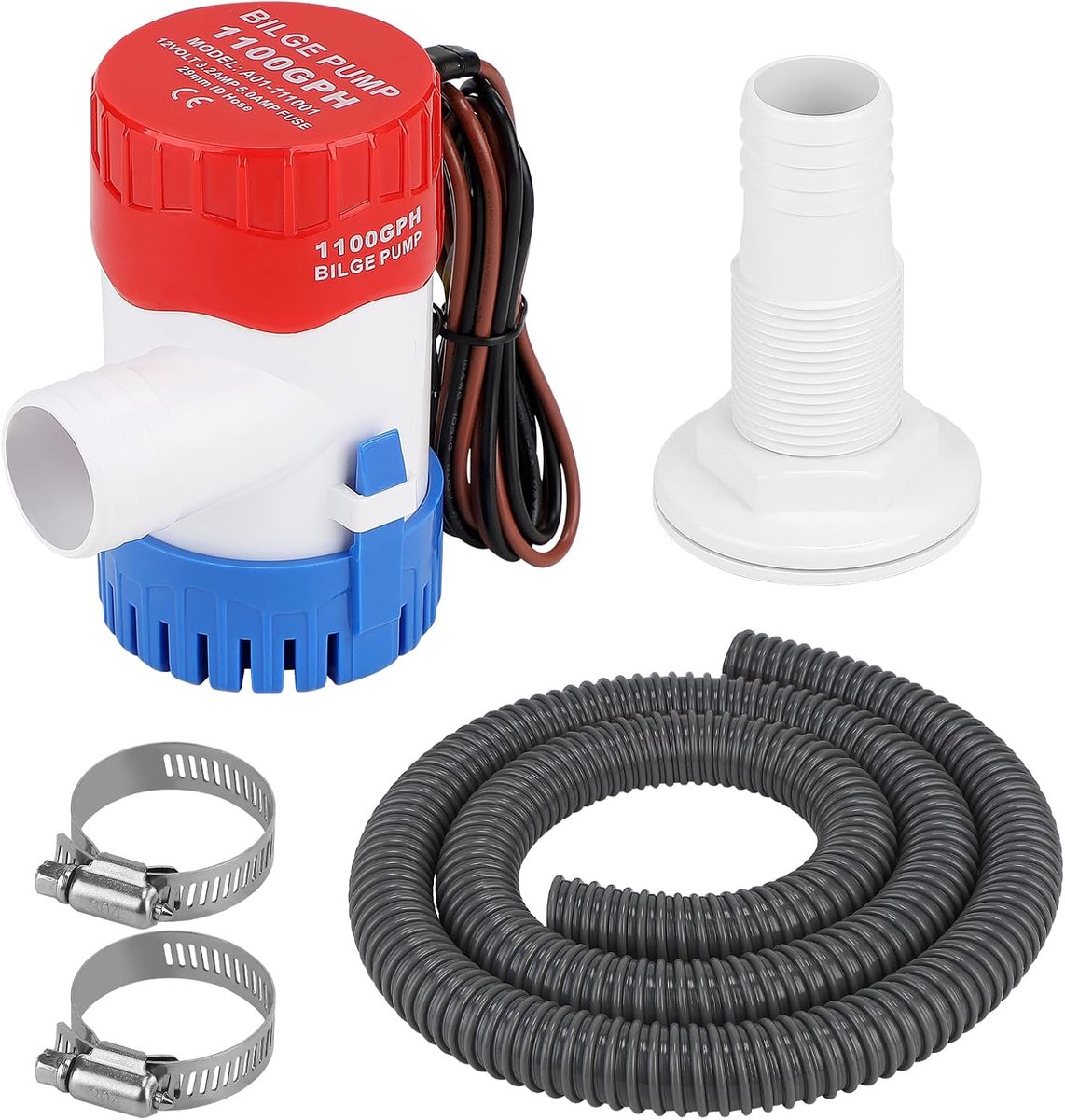 Bilgenpomp 12 V 1100 GPH - niet-automatisch - inclusief 1,9 m grijze slang - snelle waterafvoer - ShopVlot