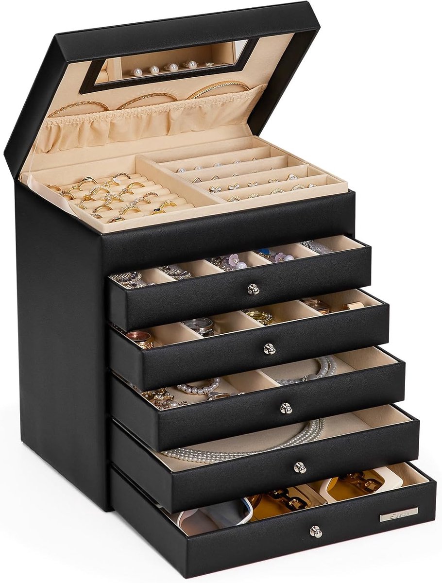 SnelShoppen - Luxe Sieraden Box met Spiegel, 5 Lades, Zwart - Sieradenopberger voor Ringen, Kettingen, Oorbellen en Armbanden - Ideaal voor Thuis of R
