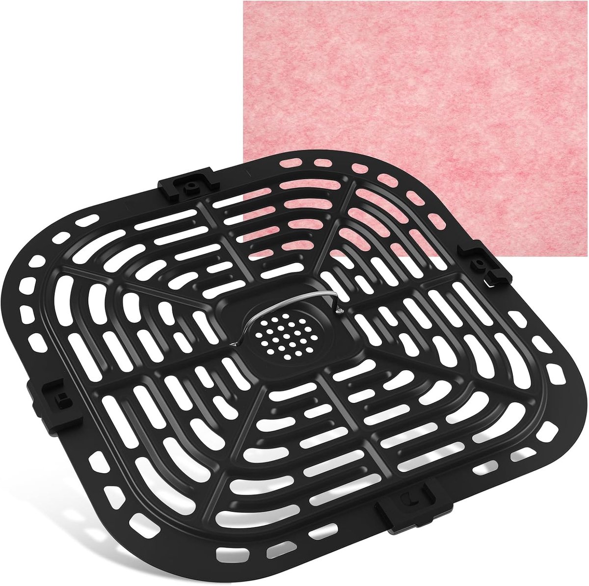 SnelShoppen - Air Fryer Vervang Grill Pan 25cm - Vierkante Grillplaat met Rubber Hoekbescherming - Hittebestendig Carbon Staal - Ideaal voor Keuken, C
