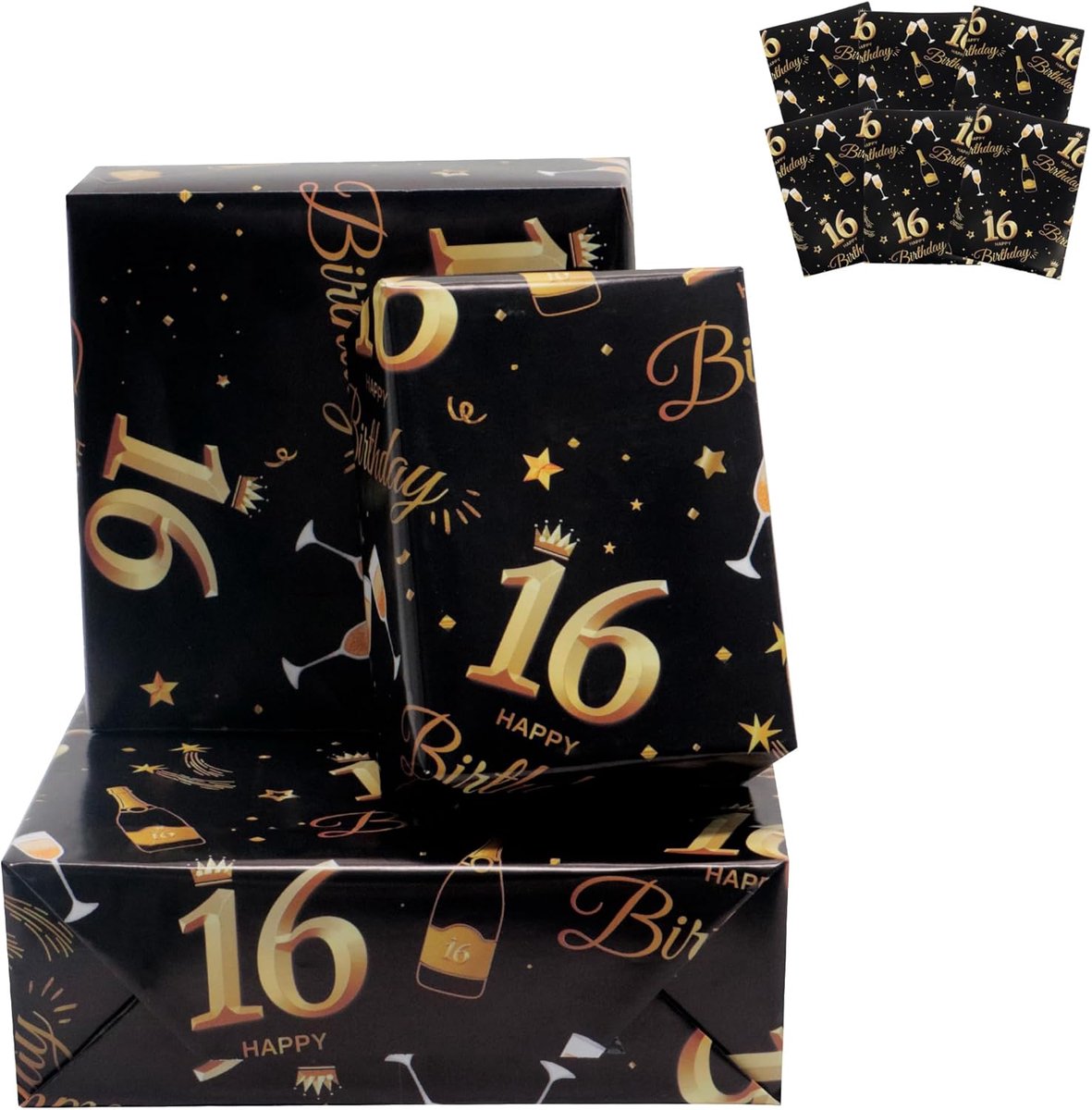 SnelShoppen - 6 Vellen Cadeaupapier voor 16e Verjaardag, 70x50cm Zwart en Goud, Happy Birthday Inpakpapier, 16e Verjaardag Decoraties voor Jongens en