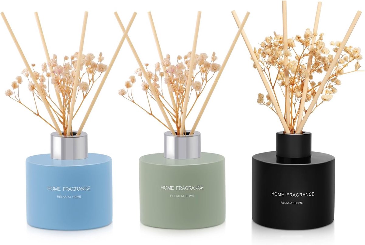 SnelShoppen - Luxe Geur Diffuser met 3 Geuren 120ml - Vanille, Lavendel, Amber - 18 Straws - Langdurige Geur voor Woonkamer, Slaapkamer, Badkamer, Kan