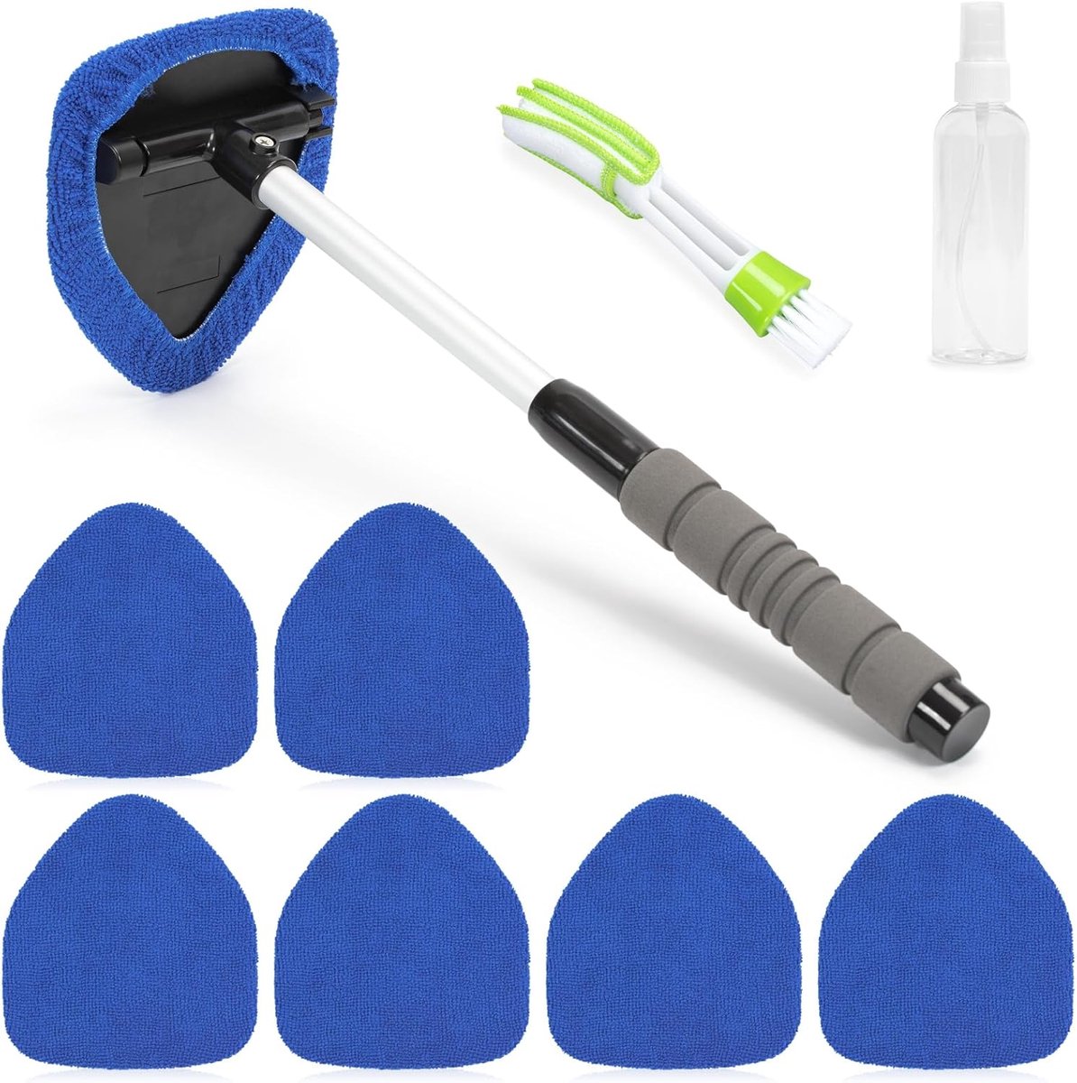 SnelShoppen - Car Window Cleaner Set met 6 Microvezel Pads, Sprayfles en Uittrekbare Handgreep, Auto Ruitenreiniger in Blauw voor Efficiënt Schoonmake