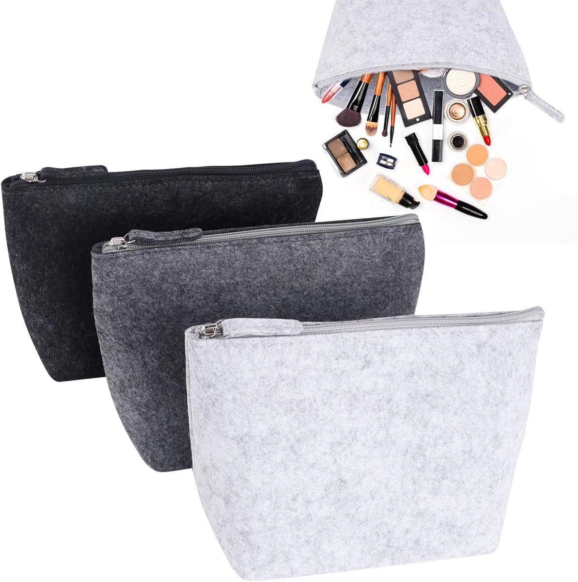 Cosmetic bag set van 3 - grote toilettas met rits - grijze vilt - multifunctioneel voor reizen - ShopVlot