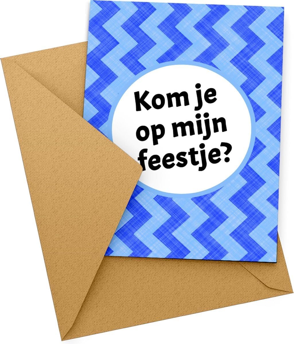 SnelShoppen - 10 Uitnodigingen Kinderfeestjes met Envelop - Blauw Ruit - Schrijfbaar - Voor Jongens en Meisjes - Verjaardagskaart Set voor Feestjes