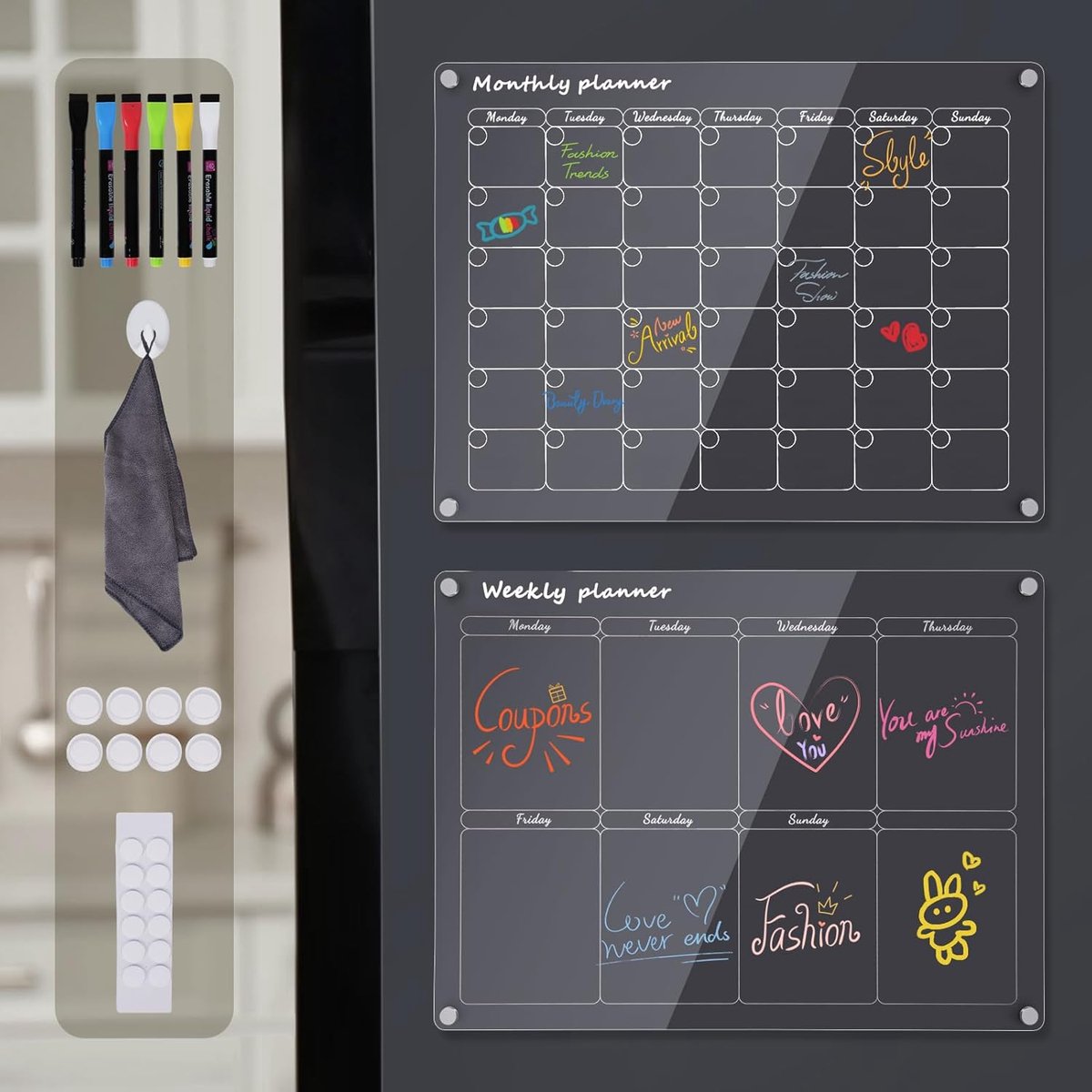 SnelShoppen - Magnetische Maand- en Weekplanner voor de Koelkast - 2-delige Set Acryl Organiser met 6 Stiften, Handdoek en Meer - Ideaal voor Menu Pla